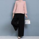 Set: Elbow-sleeve Knot Button Top + Wide Leg Pants