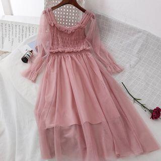Set: Long-sleeve Square Neck A-line Mesh Dress + Slipdress