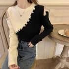 Color-block Loose-fit Off-shoulder Sweater Black - One Size