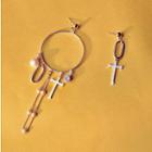 Non-matching Faux Pearl Cross Dangle Earring / Clip-on Earring
