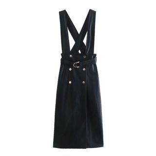 Faux Leather Midi A-line Suspender Skirt