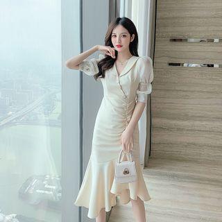 Short-sleeve Collar Ruffle Hem Midi Sheath Dress
