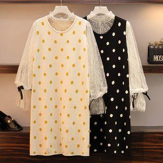 Set: Lantern-sleeve Lace Top + Sleeveless Dotted Knit Dress
