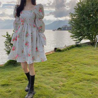 Long-sleeve Square-neck Floral Printed Dress Floral - One Size