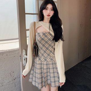 Spaghetti Strap Plaid A-line Dress / Asymmetrical Crop Sweater / Set
