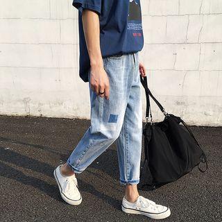 Color Block Washed Straight-cut Jeans