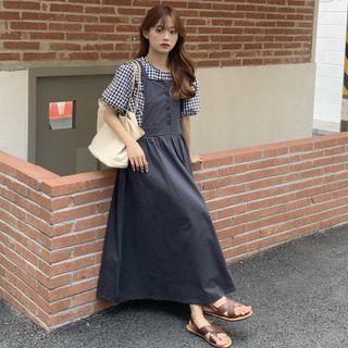 Puff-sleeve Check Top / Maxi A-line Overall Dress