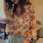 Floral Print Lantern-sleeve Chiffon Shirt As Shown In Figure - One Size