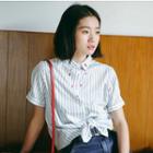 Heart Embroidered Striped Short Sleeve Shirt