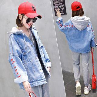 Mock Two-piece Hooded Zip-up Denim Jacket