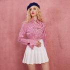 Long-sleeve Embroidered Cutout Gingham Blouse