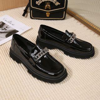 Platform Block Heel Chain-accent Loafers