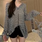 Long-sleeve Striped Hooded Top Stripe - Black & White - One Size