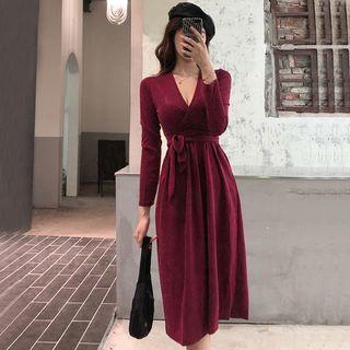 Tie-waist V-neck Long-sleeve A-line Midi Dress