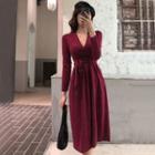 Tie-waist V-neck Long-sleeve A-line Midi Dress