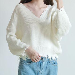 V-neck Fray-hem Sweater