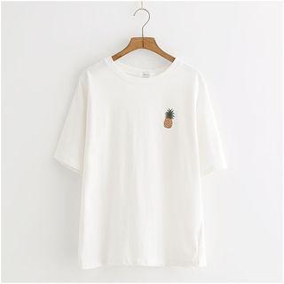 Short-sleeve Pineapple Embroidered T-shirt White - One Size