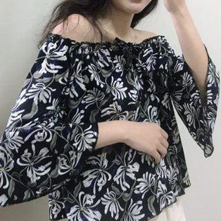 3/4-sleeve Off-shoulder Floral Chiffon Blouse