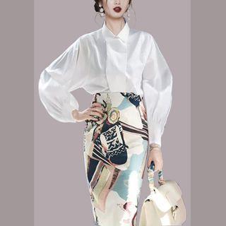 Set: Plain Blouse + Print Midi Pencil Skirt