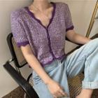 Short-sleeve Melange Button Knit Top Purple - One Size