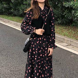 Floral Long-sleeve A-line Dress / V-neck Knit Vest