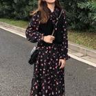Floral Long-sleeve A-line Dress / V-neck Knit Vest