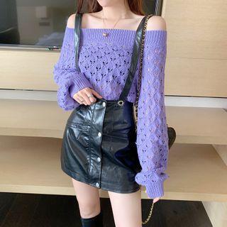Off-shoulder Loose Knit Sweater / Mini Faux Leather Skirt