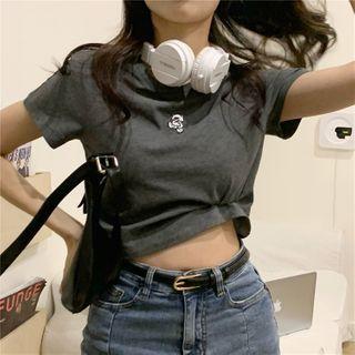 Short-sleeve Bear Embroidered T-shirt Dark Gray - One Size