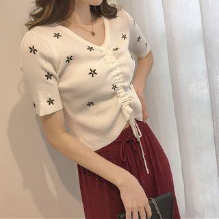 Short-sleeve Flower Embroidered Drawstring T-shirt