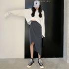 Crew-neck Long-sleeve Crop Top / Irregular Hem Midi Straight-fit Skirt