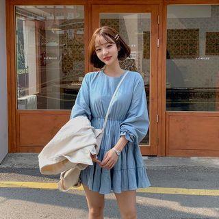 Plain Long-sleeve A-line Dress Blue - One Size