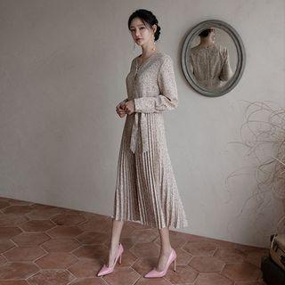 Wide-cuff Pleated Floral Long Wrap Dress