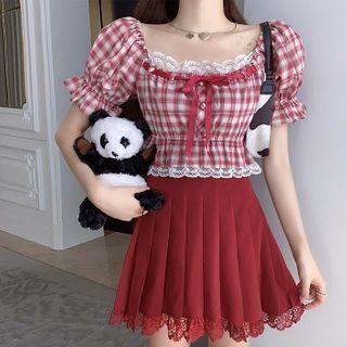 Plaid Lace Trim Short-sleeve Blouse / Mini Pleated Skirt