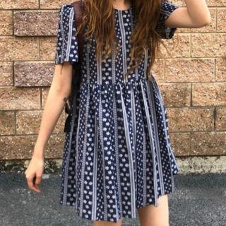 Short Sleeve Open Back Printed Mini Dress Navy Blue - One Size