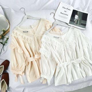 Lace Trim Short-sleeve Blouse With Sash