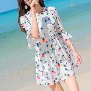Floral Print 3/4-sleeve Chiffon Dress