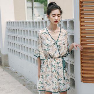 3/4-sleeve Contrast Trim Patterned Wide-leg Chiffon Playsuit