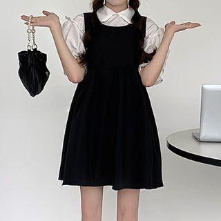 Puff-sleeve Collared Blouse / Mini A-line Overall Dress