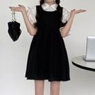 Puff-sleeve Collared Blouse / Mini A-line Overall Dress