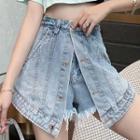 Button-up Fringed Hem Denim Skort