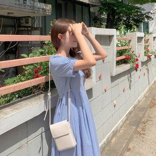 Tie-waist Pleated Gingham Dress Sky Blue - One Size