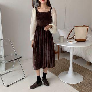 Square-neck Lantern-sleeve Midi Shift Dress