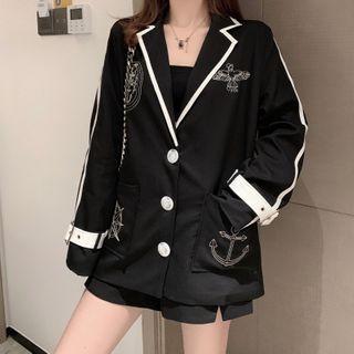 Cartoon Embroidered Color-block Blazer / Plain Shorts