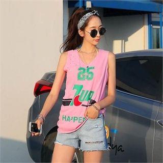 Lettering-front Perforated Tank Top