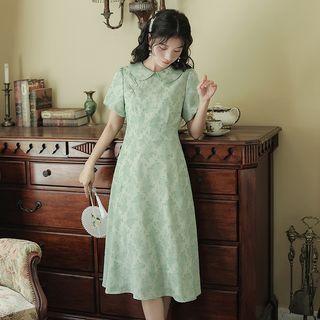 Floral Frog Button Accent Puff-sleeve Dress
