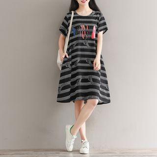 Elbow-sleeve Printed Striped Dress