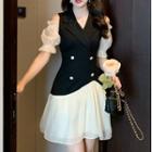 Short-sleeve Cold-shoulder Double-breasted Mini A-line Dress