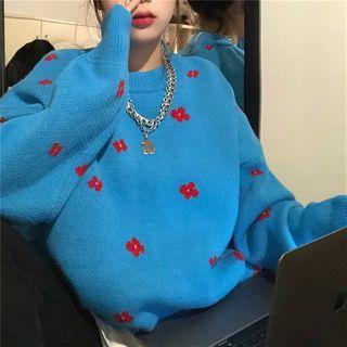 Round Neck Flower Print Loose-fit Sweater As Figure - One Size
