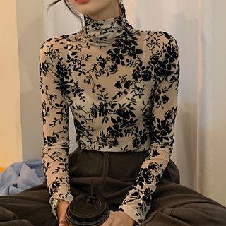 Long-sleeve Floral Print Turtleneck Top Black & White - One Size