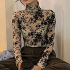 Long-sleeve Floral Print Turtleneck Top Black & White - One Size
